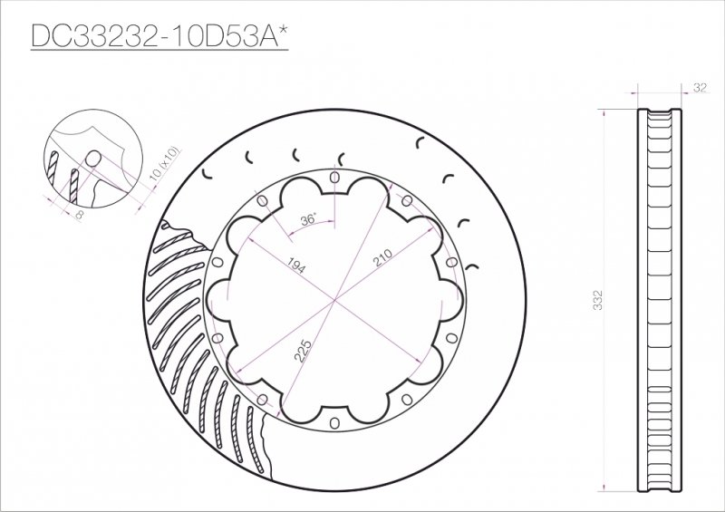 Ротор тормозного диска 332*32mm, DC Brakes DC33232-10D53A, D крепеж, (Brembo, JBT)