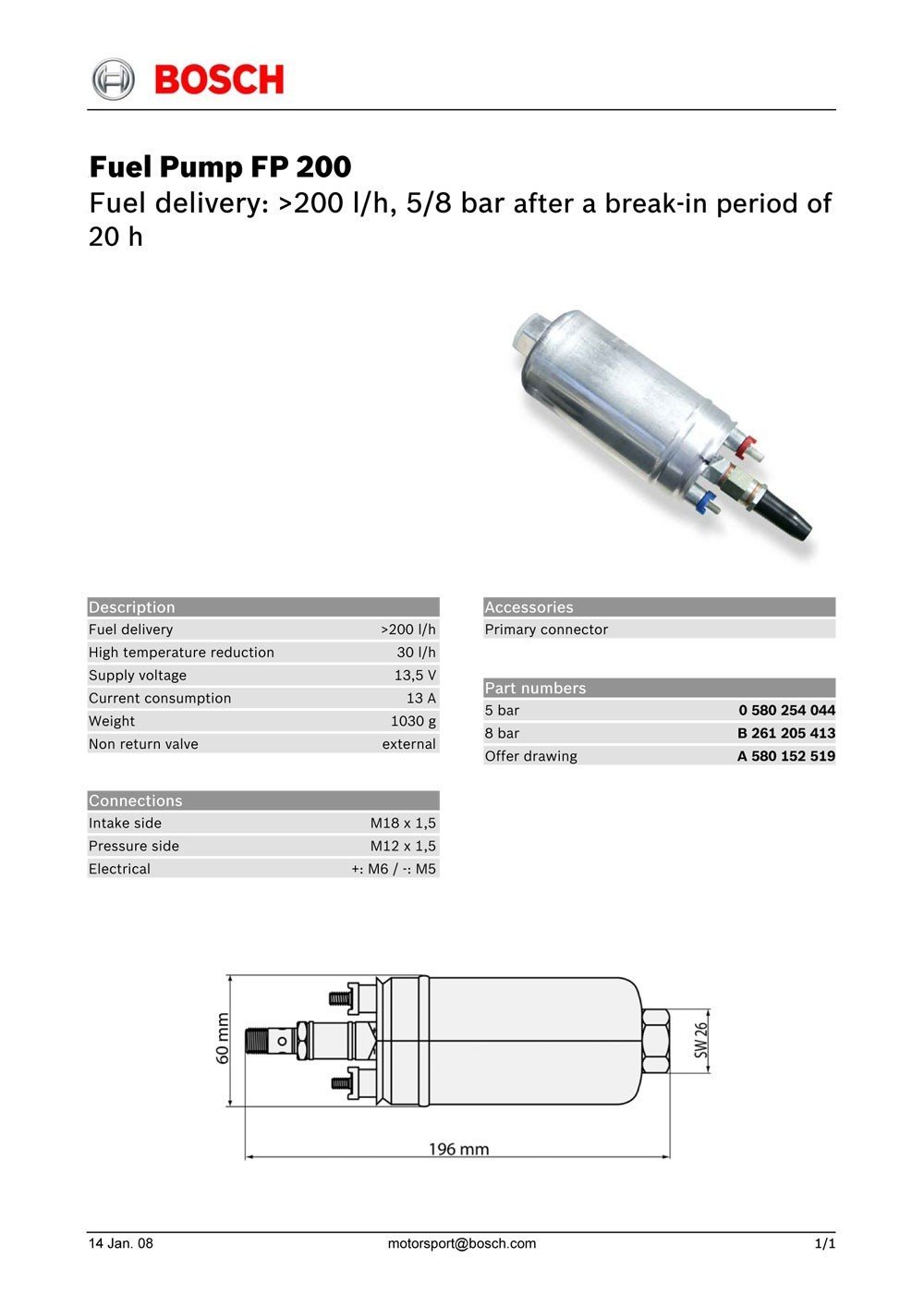 Топливный насос Bosch 0580254044 до 360л.ч