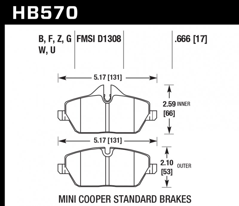Колодки тормозные HB570G.666 HAWK DTC-60; MINI COOPER D1308 17mm