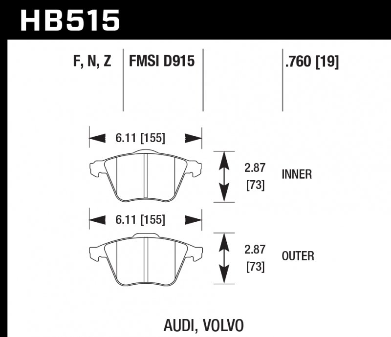 Колодки тормозные HB515Z.760 HAWK PC передние Audi / VW