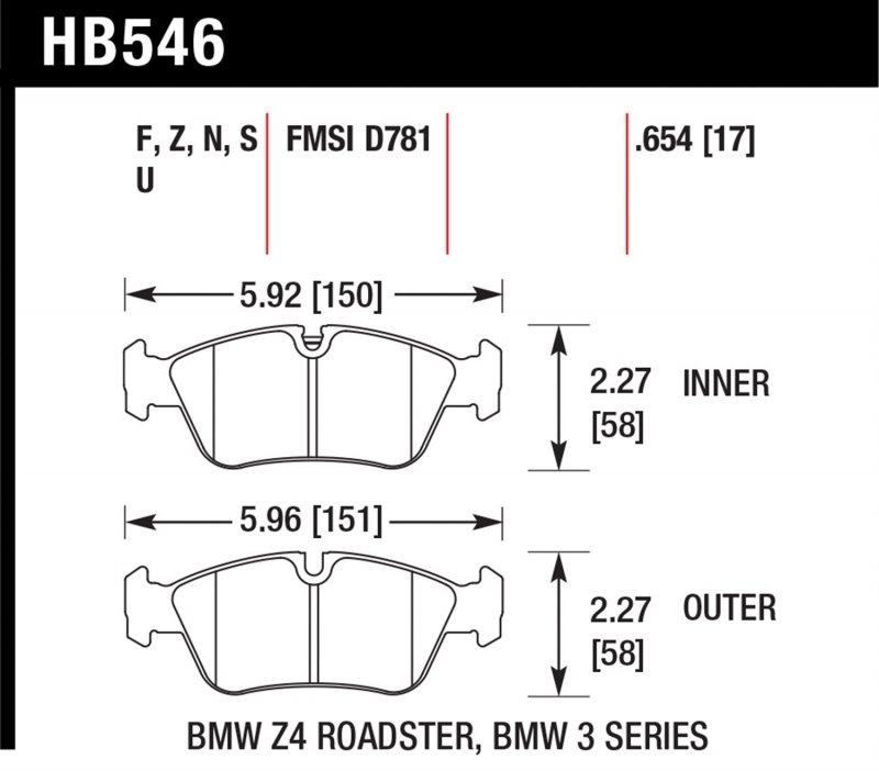 Колодки тормозные HB546Z.654 HAWK PC передние BMW 3 (E36), (E46), Z3, Z4