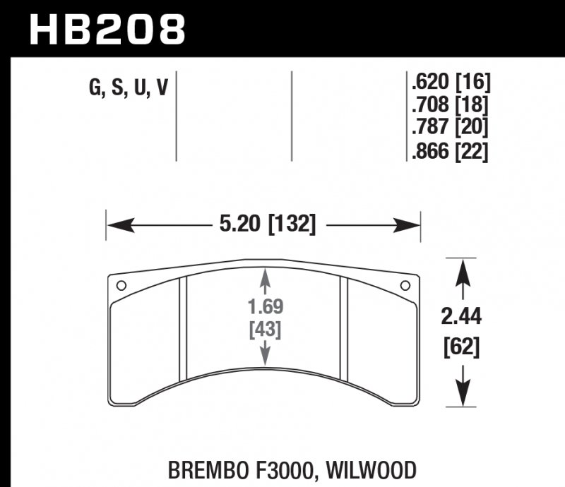 Колодки тормозные HB208V.708 HAWK DTC-50; Brembo F3000 18mm