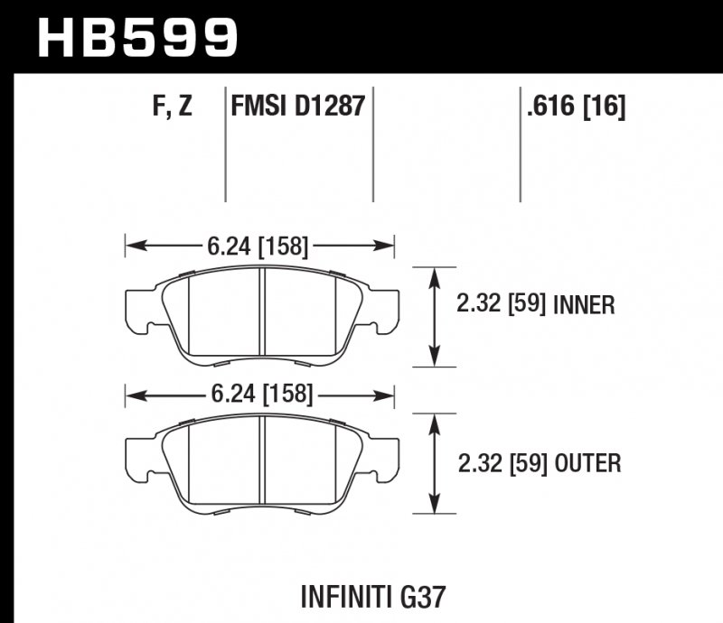Колодки тормозные HB599F.616 HAWK HPS передние INFINITI G35, G37 (комплектация sport) /  EX35 , EX37