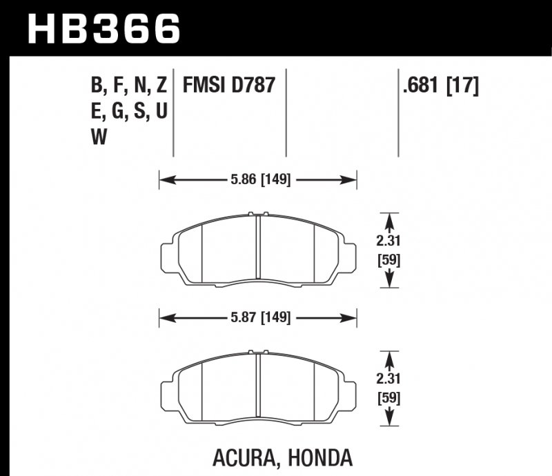 Колодки тормозные HB366S.681 HAWK HT-10; Acura/Honda 18mm