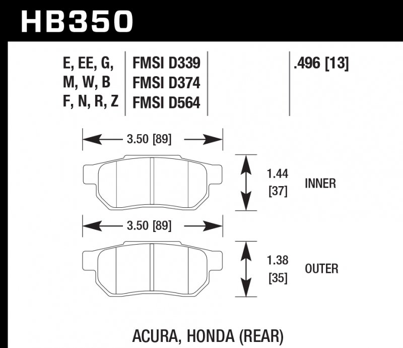 Колодки тормозные HB350E.496 HAWK Blue 9012 Acura/Honda (Rear) 13 mm
