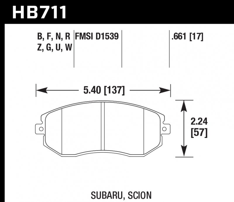Колодки тормозные HB711U.661 HAWK DTC-70 перед Subaru BRZ, Forester, Impreza 2011-> , Legacy, Outbac