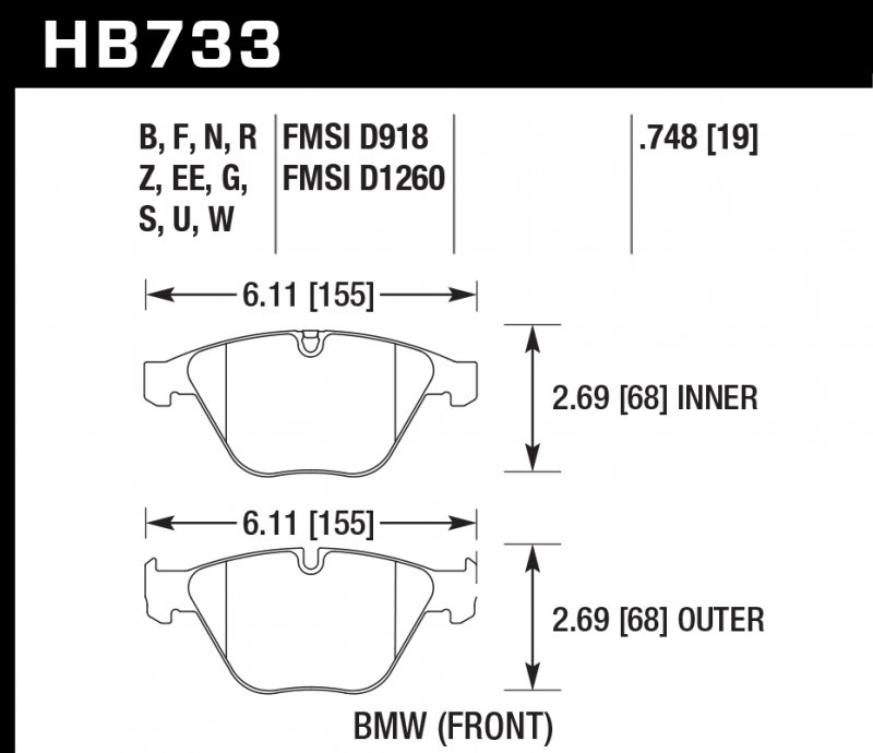 Колодки тормозные HB733S.748 HAWK HT-10; BMW (Front) 19mm