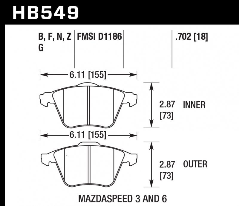 Колодки тормозные HB549F.702 HAWK HPS передние MAZDA 3 MPS, 6 MPS / FORD Focus 2 ST / OPEL VECTRA 2,