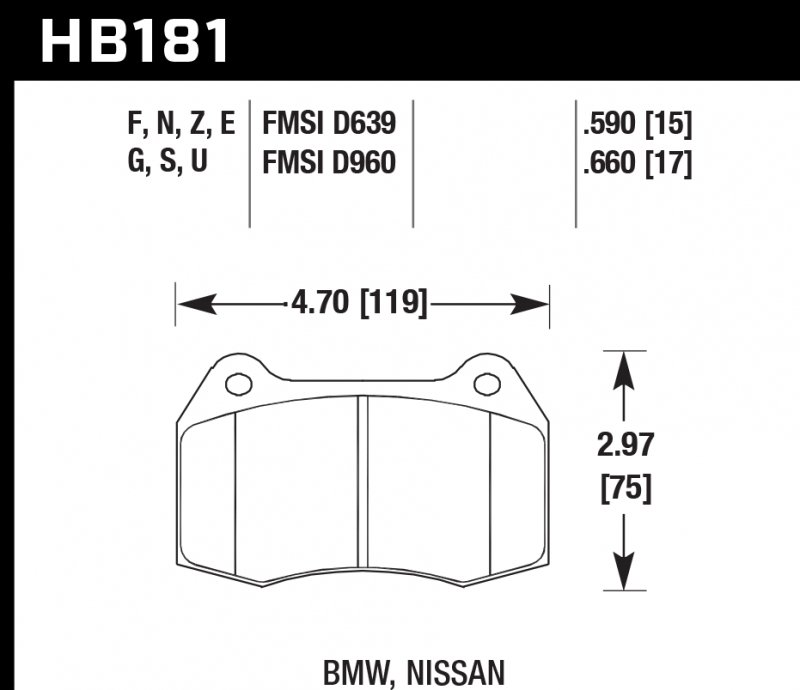 Колодки тормозные HB181Z.590 HAWK PC передние Nissan Skyline GT-R R33 / R34; Honda Integra DC5