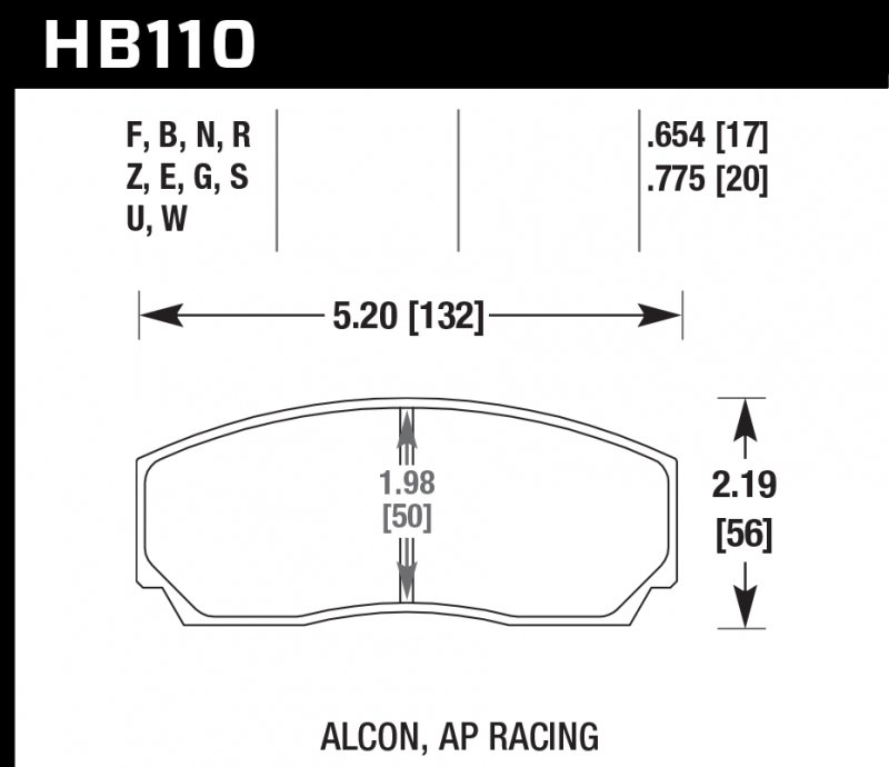 Колодки тормозные HB110S.654 HAWK HT-10; AP Racing, Alcon, Proma 4 порш; HPB тип 2, Rotora,17mm