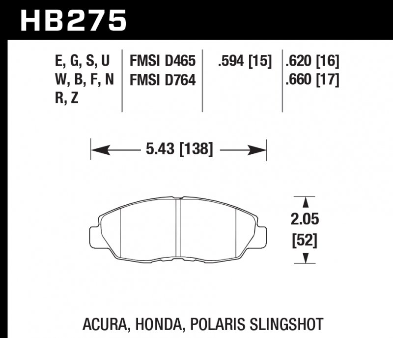 Колодки тормозные HB275S.620 HAWK HT-10 Acura/Honda 16 mm