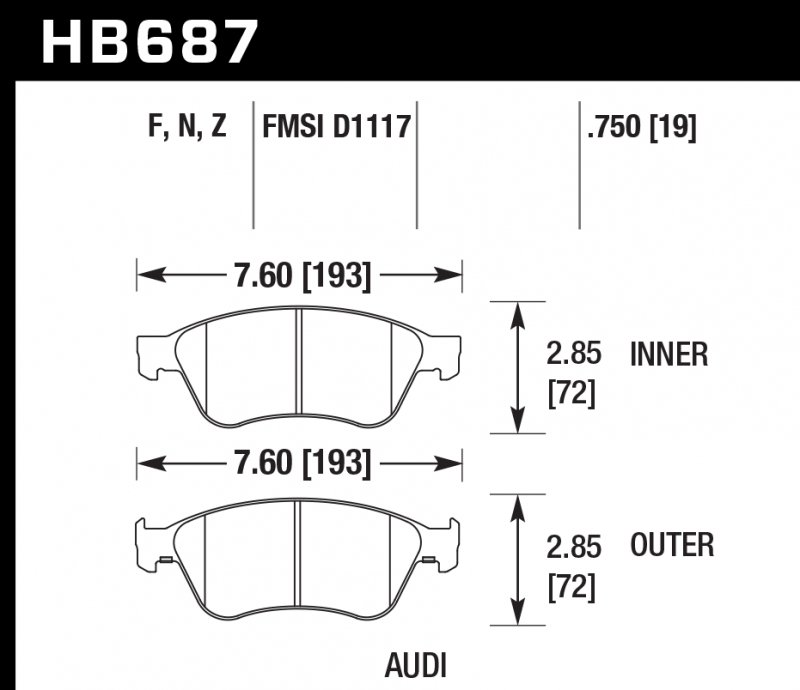 Колодки тормозные HB687N.750 HAWK HP Plus  AUDI S6, S8 2007-2012