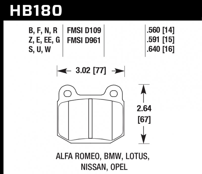 Колодки тормозные HB180EE.560 HAWK Blue 42; Subaru, BMW, Nissan, Mitsubishi (Rear) 14mm