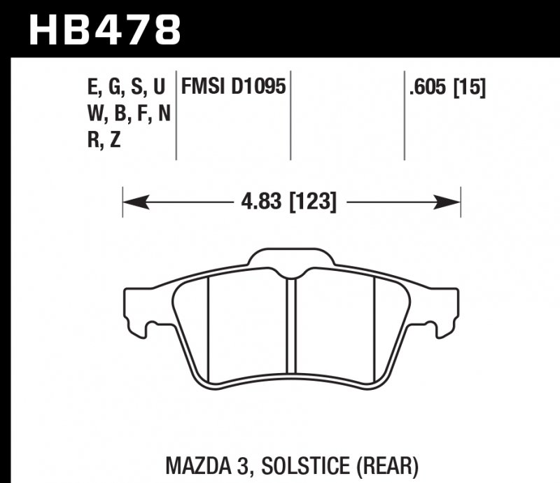 Колодки тормозные HB478S.605 HAWK HT-10 Mazda 3, Solstice (Rear) 15 mm