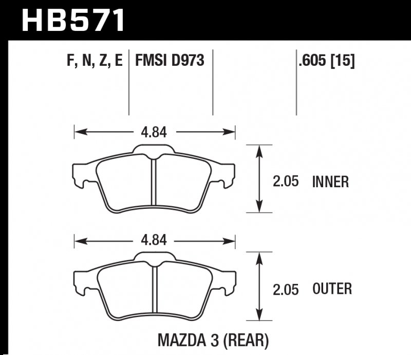 Колодки тормозные HB571F.605 HAWK HPS задние FORD C-MAX, FOCUS 2 / MAZDA 3,5 / SAAB 9-3 / (с пружино