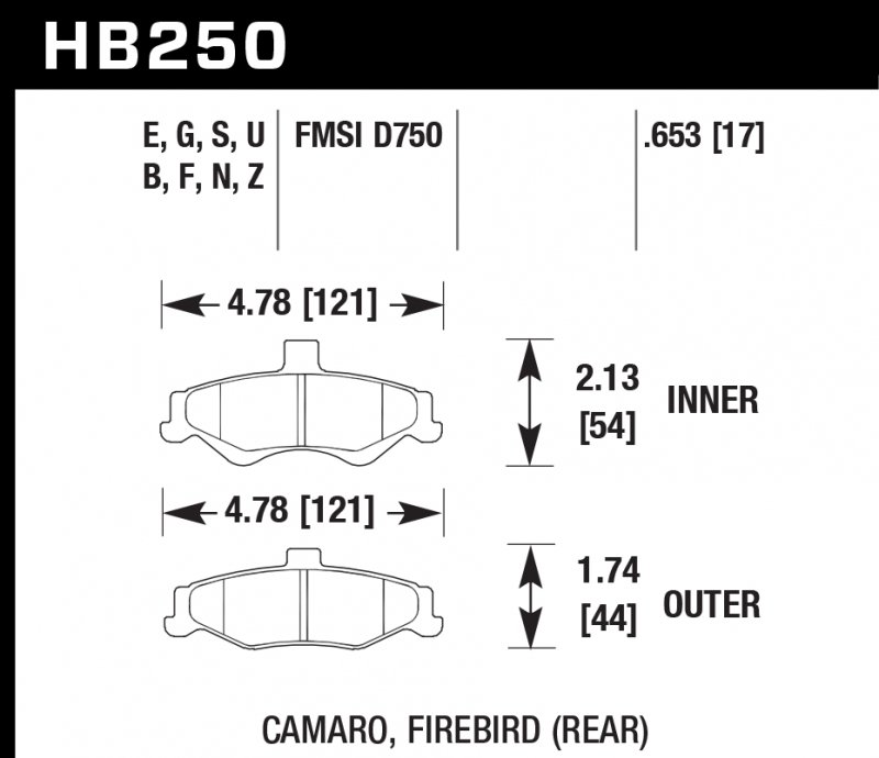 Колодки тормозные HB250S.653 HAWK HT-10 Camaro, Firebird (Rear) 17 mm
