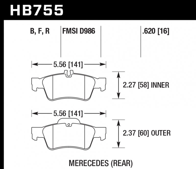 Колодки тормозные HB755R.620 HAWK Street Race; 16mm  задн MB CLS C218; C219; E W212;