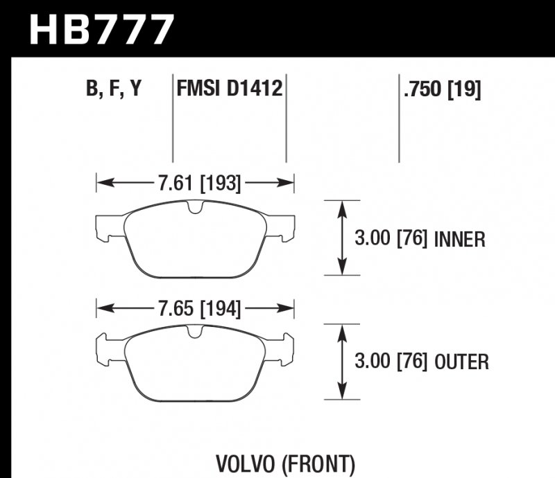 Колодки тормозные HB777Y.750 HAWK LTS;  передние VOLVO XC60; XC90