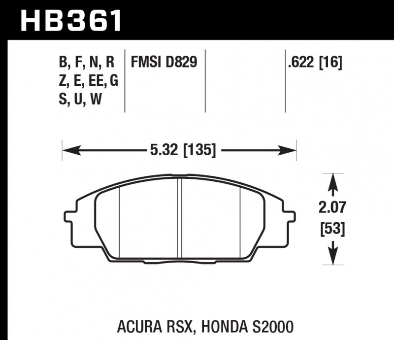 Колодки тормозные HB361G.622 HAWK DTC-60 Honda S2000/Civic Type "R", Acura RSX 16 mm