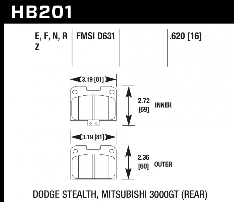 Колодки тормозные HB201E.620 HAWK Blue 9012; Dodge/Mitsubishi 16mm