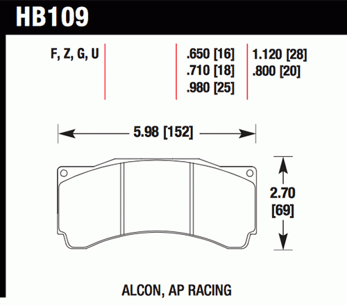 Колодки тормозные HB109F.710 HAWK HPS (БЕЗ УШКА) PROMA 6 порш; StopTech; AP RACING; HPB тип 3; 18 mm