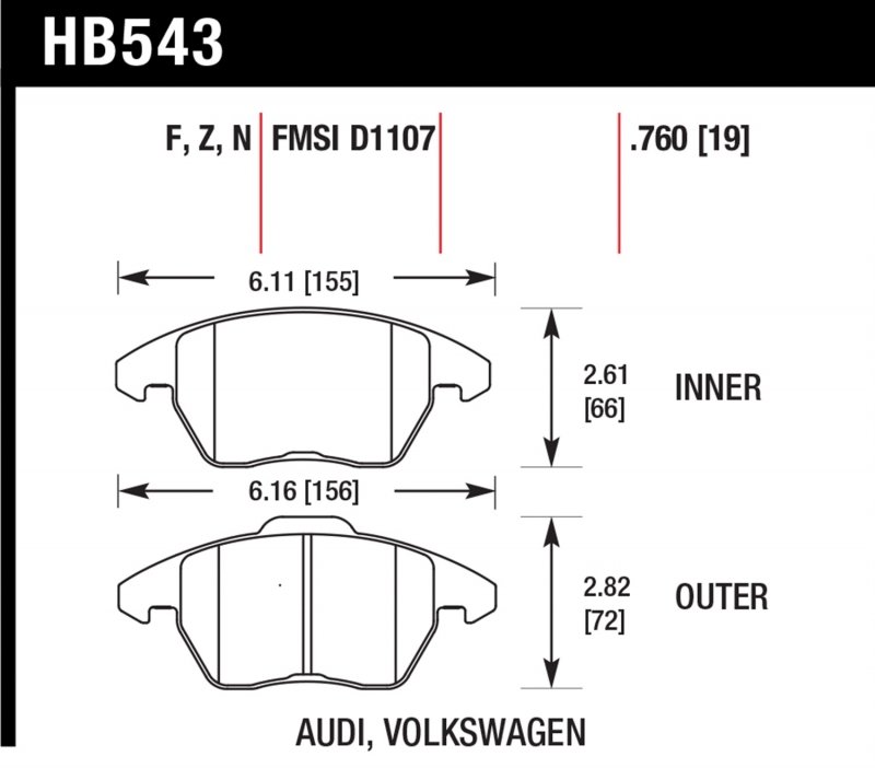 Колодки тормозные HB543F.760 HAWK HPS передние AUDI A3 / VW Golf 5,6 , Passat CC, B6, B7