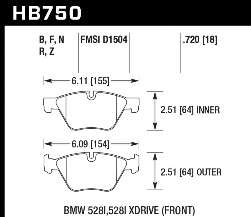 Колодки тормозные HB750R.720 HAWK Street Race BMW 5 F10; 5 F11; 5 F18; 18mm