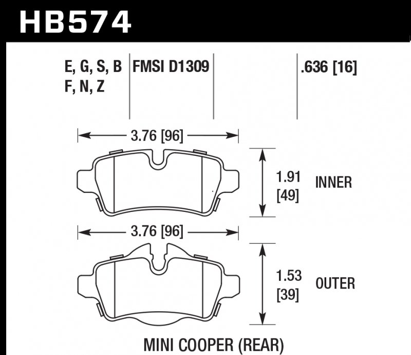 Колодки тормозные HB574F.636 HAWK HPS задние MINI COOPER 2 (R56) / BMW 1 (E87) 116i, 118i