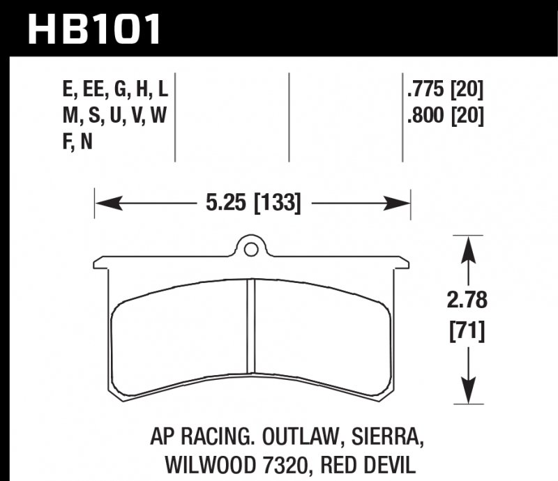 Колодки тормозные HB101L.800 HAWK MT-4 Wilwood SL, AP Racing, Outlaw 20 mm