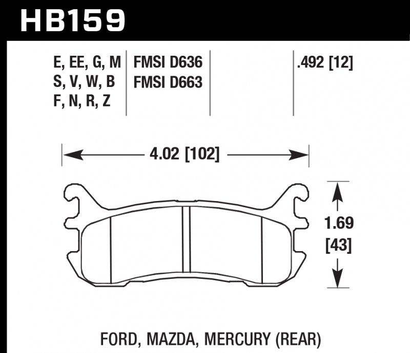 Колодки тормозные HB159V.492 HAWK DTC-50; Mazda Miata MX-5 1.8L (Rear) 13mm