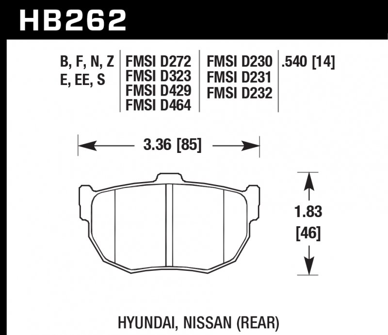 Колодки тормозные HB262S.540 HAWK HT-10 Nissan (Rear) 14 mm