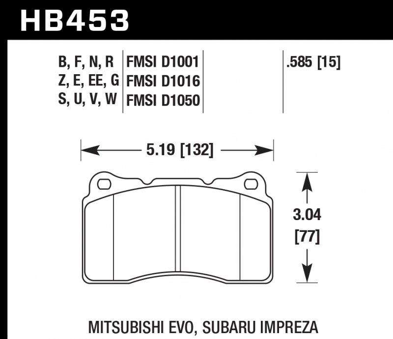 Колодки тормозные HB453E.585 HAWK Blue 9012 Mitsubishi EVO, Subaru Impreza 15 mm