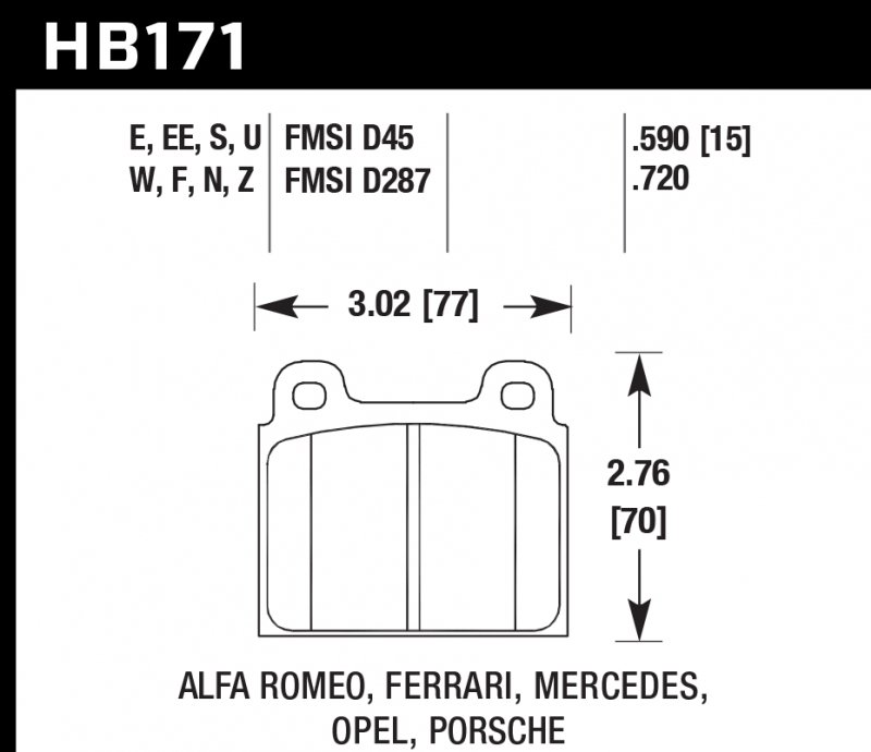 Колодки тормозные HB171U.590 HAWK DTC-70 Porsche "A" or "S" Caliper 15 mm