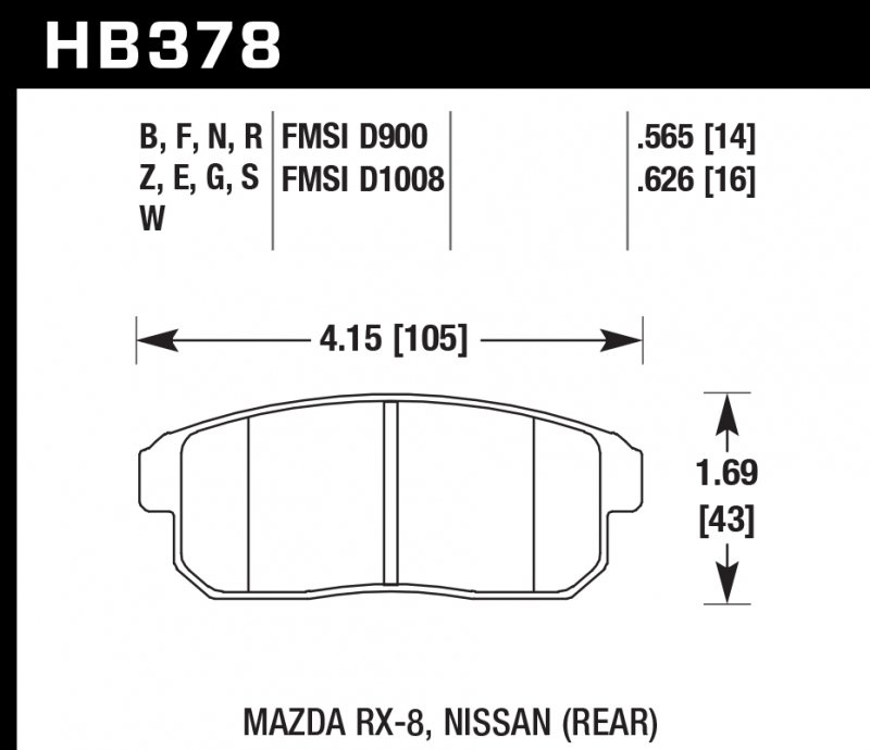 Колодки тормозные HB378S.565 HAWK HT-10 Mazda RX-8, Nissan (Rear) 14 mm