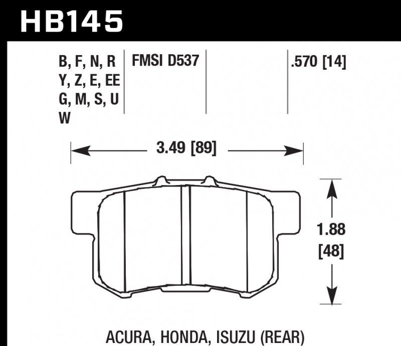 Колодки тормозные HB145S.570 HAWK HT-10 Acura/Honda (Rear) 14 mm