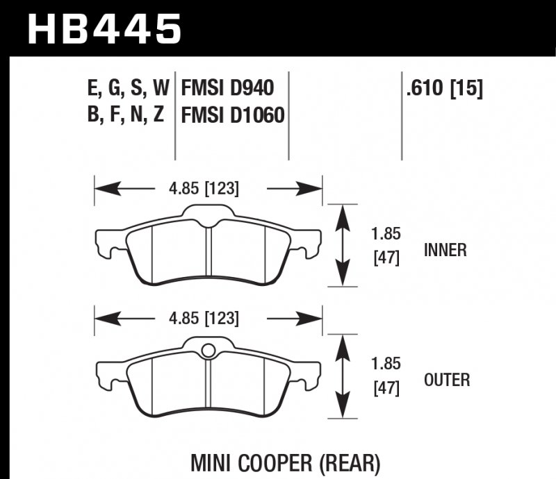 Колодки тормозные HB445S.610 HAWK HT-10 Mini Cooper (Rear) 16 mm