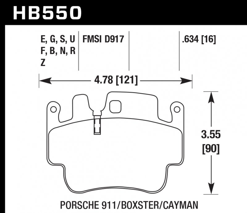 Колодки тормозные HB550N.634 HAWK HP Plus  16 mm Porsche 911 (996), (997), Boxter (986), Cayman