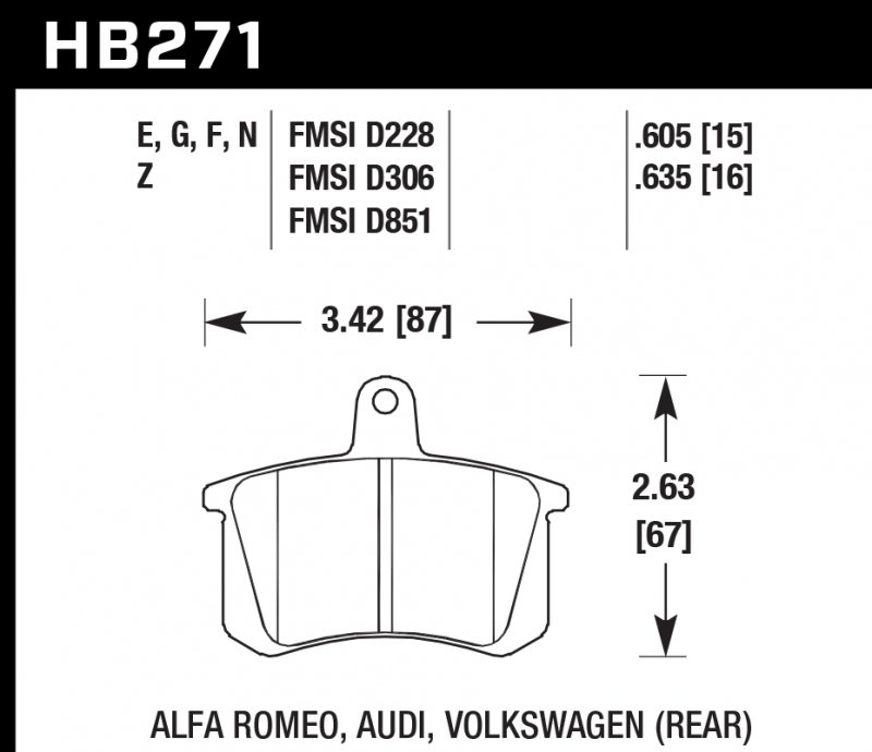 Колодки тормозные HB271E.605 HAWK Blue 9012; Audi, Volkswagon (Rear) 16mm