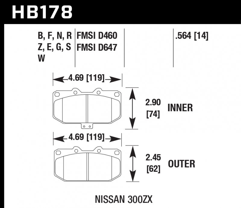 Колодки тормозные HB178N.564 HAWK HP Plus;  передние SUBARU Impreza WRX; Nissan 300ZX; HPB тип 1;