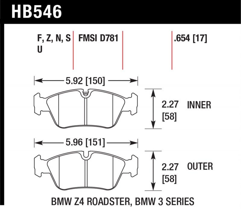 Колодки тормозные HB546F.654 HAWK HPS передние BMW 3 (E36), (E46), (E90), Z3, Z4