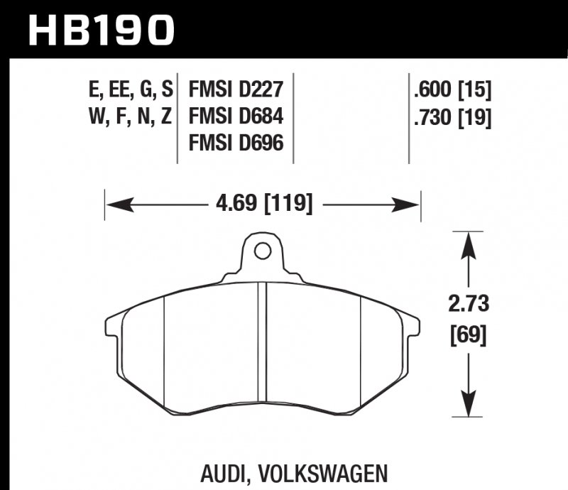Колодки тормозные HB190F.600 HAWK HPS передние VW Golf II,III