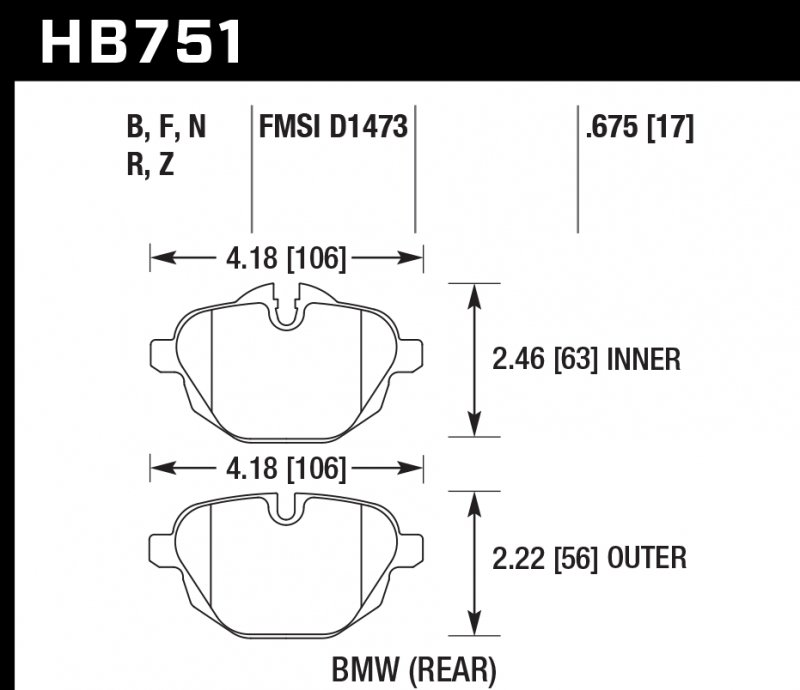 Колодки тормозные HB751Z.675 HAWK PC; 17mm  BMW 5 F10; 5 F11; 5 F18; i8; X3 F25; X4 F26;