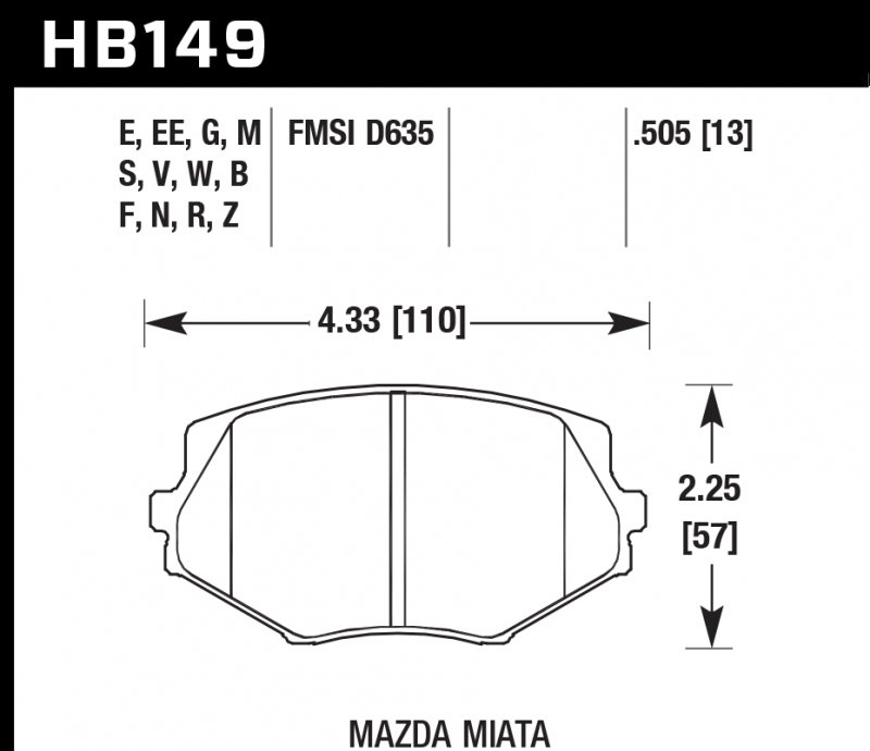Колодки тормозные HB149S.505 HAWK HT-10 Mazda Miata MX-5 1.8L 13 mm