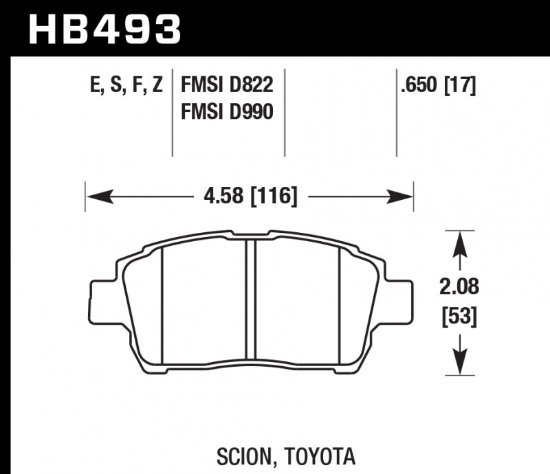Колодки тормозные HB493S.650 HAWK HT-10; Scion, Toyota 17mm
