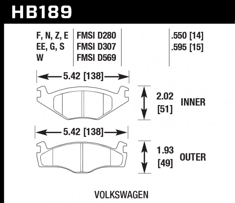 Колодки тормозные HB189G.595 HAWK DTC-60; Volkswagon 15mm