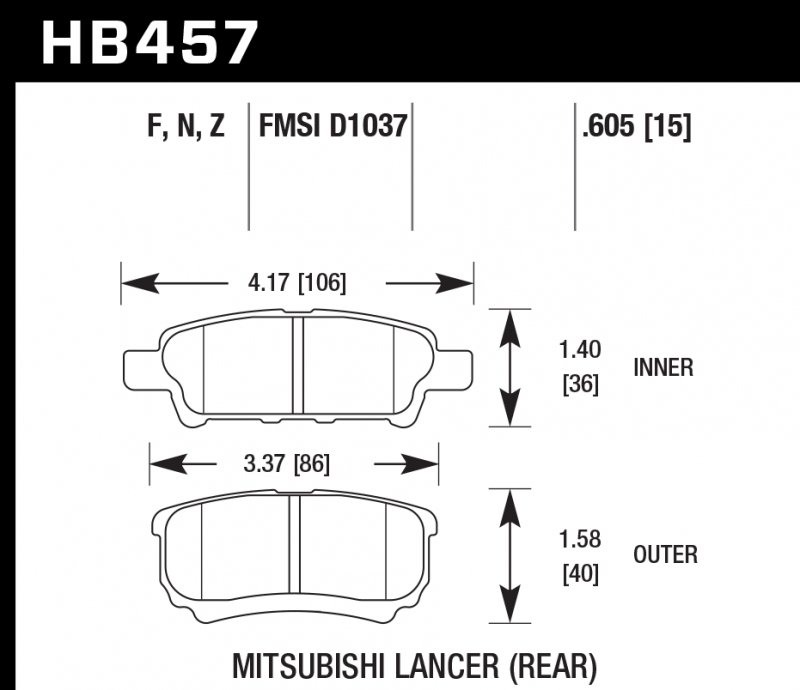Колодки тормозные HB457F.605 HAWK HPS задние Mitsubishi Lancer 9, 10