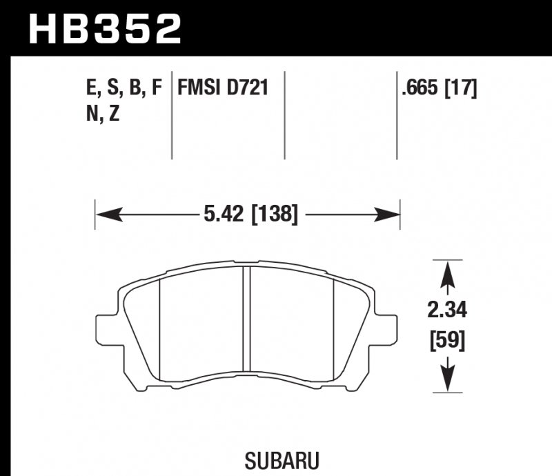 Колодки тормозные HB352F.665 HAWK HPS передние SUBARU Impreza, Legacy, Forester, Outback