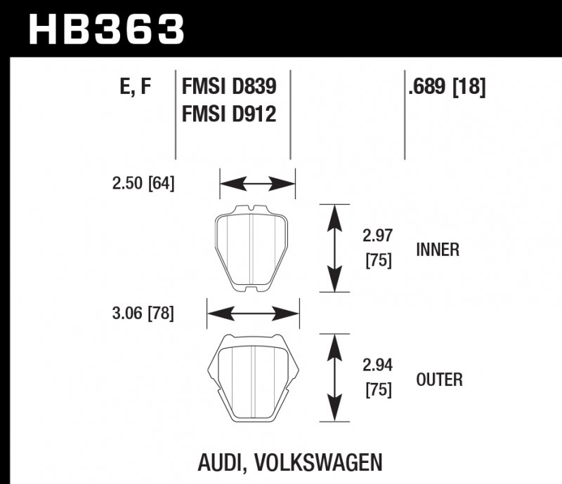 Колодки тормозные HB363F.689A HAWK HPS Audi A6 Quattro, A8, A8 Quattro, S4 & S6 - 8 Pad Set - Front