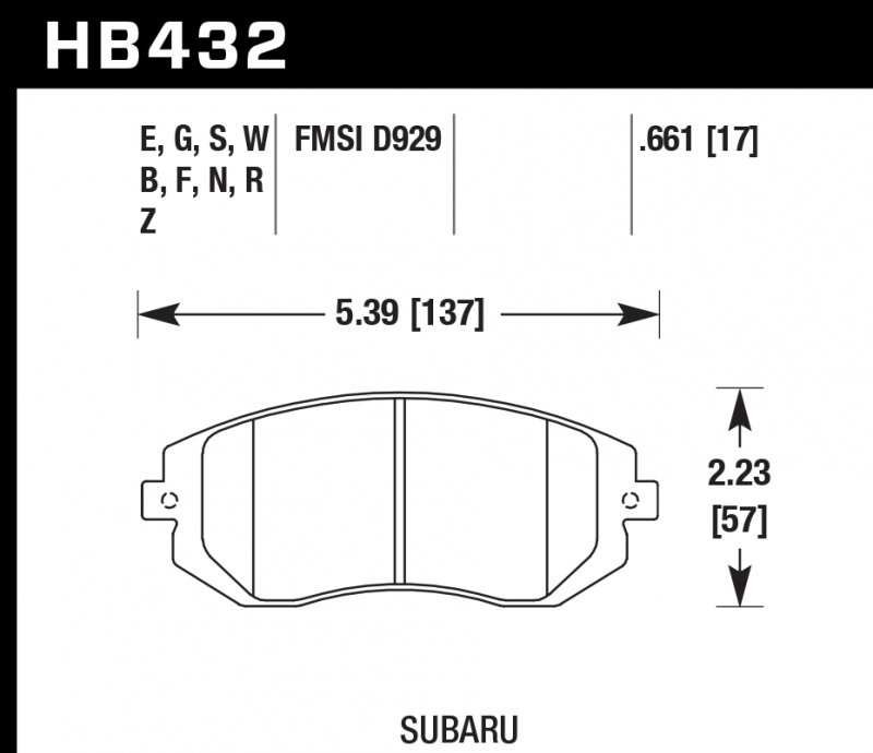 Колодки тормозные HB432N.661 HAWK HP+ передние Subaru Forester, Impreza, Legacy