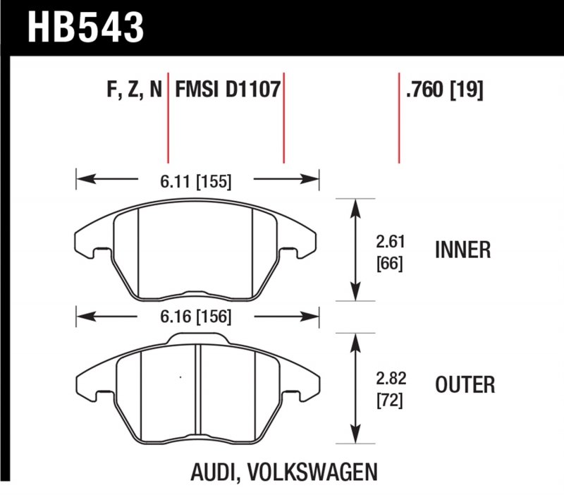 Колодки тормозные HB543Z.760 HAWK PC передние AUDI A3 / VW Golf 5,6 , Passat CC, B6, B7